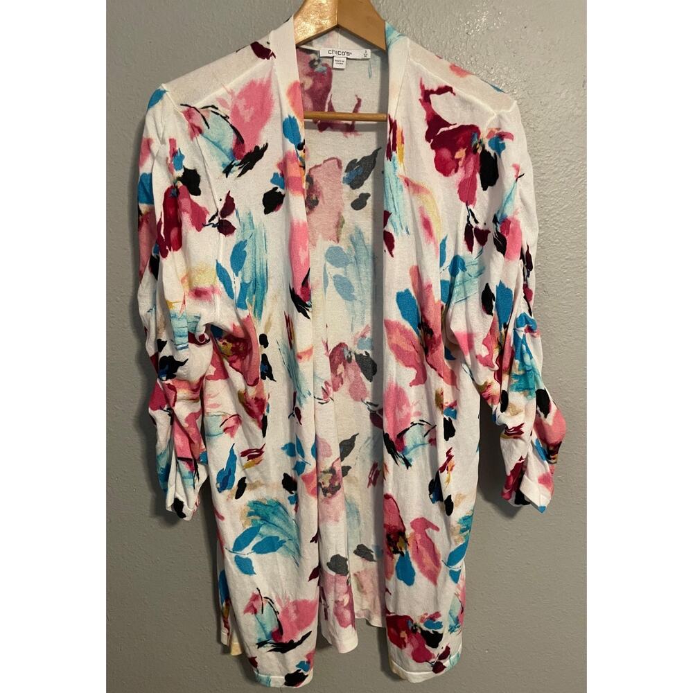 Chicos Cardigan Sweater Womens 3 US XL White Floral Open Front Artsy Boho
